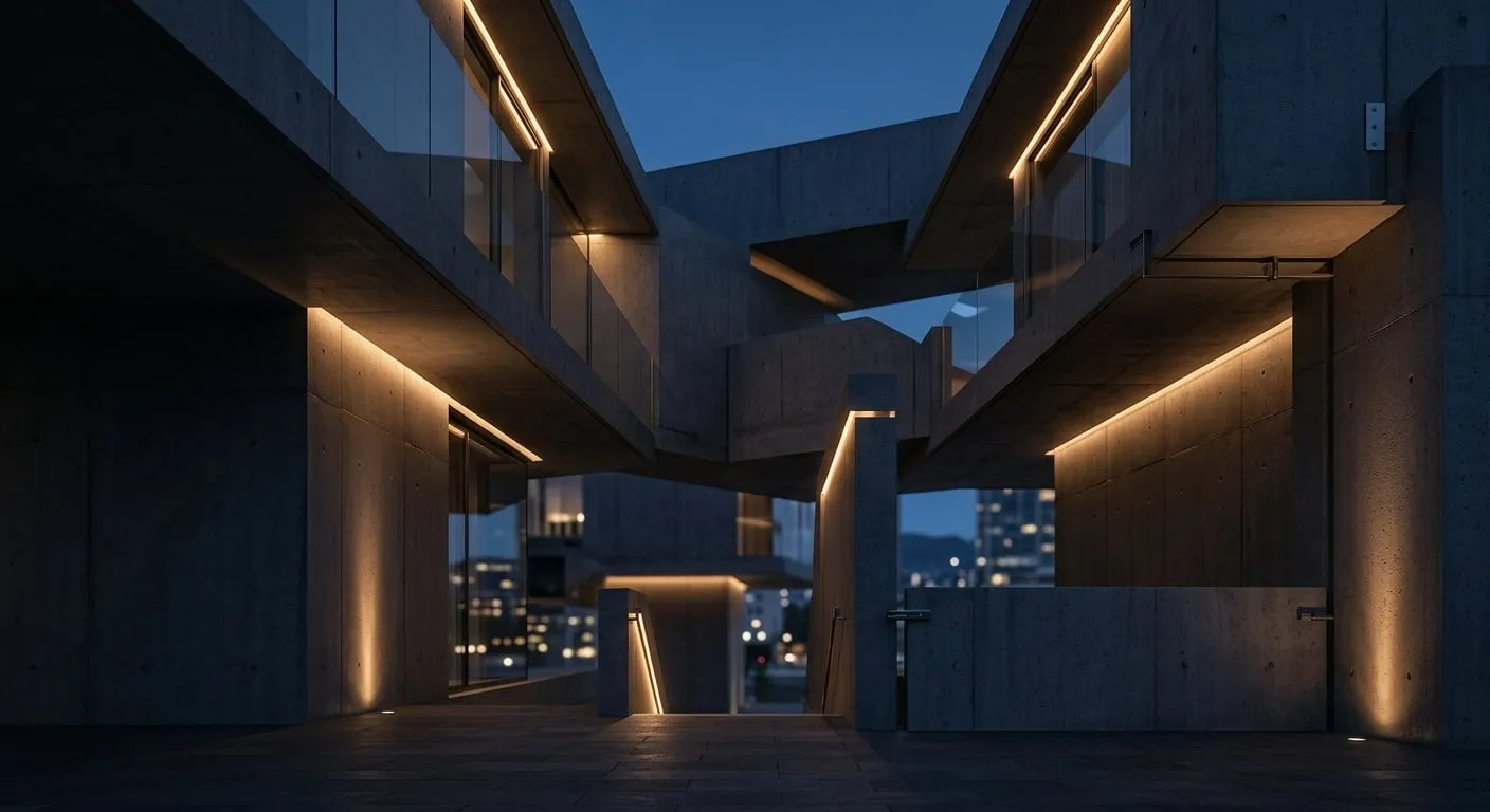 Geometrische Betonarchitektur mit markanten Linien und Schatten